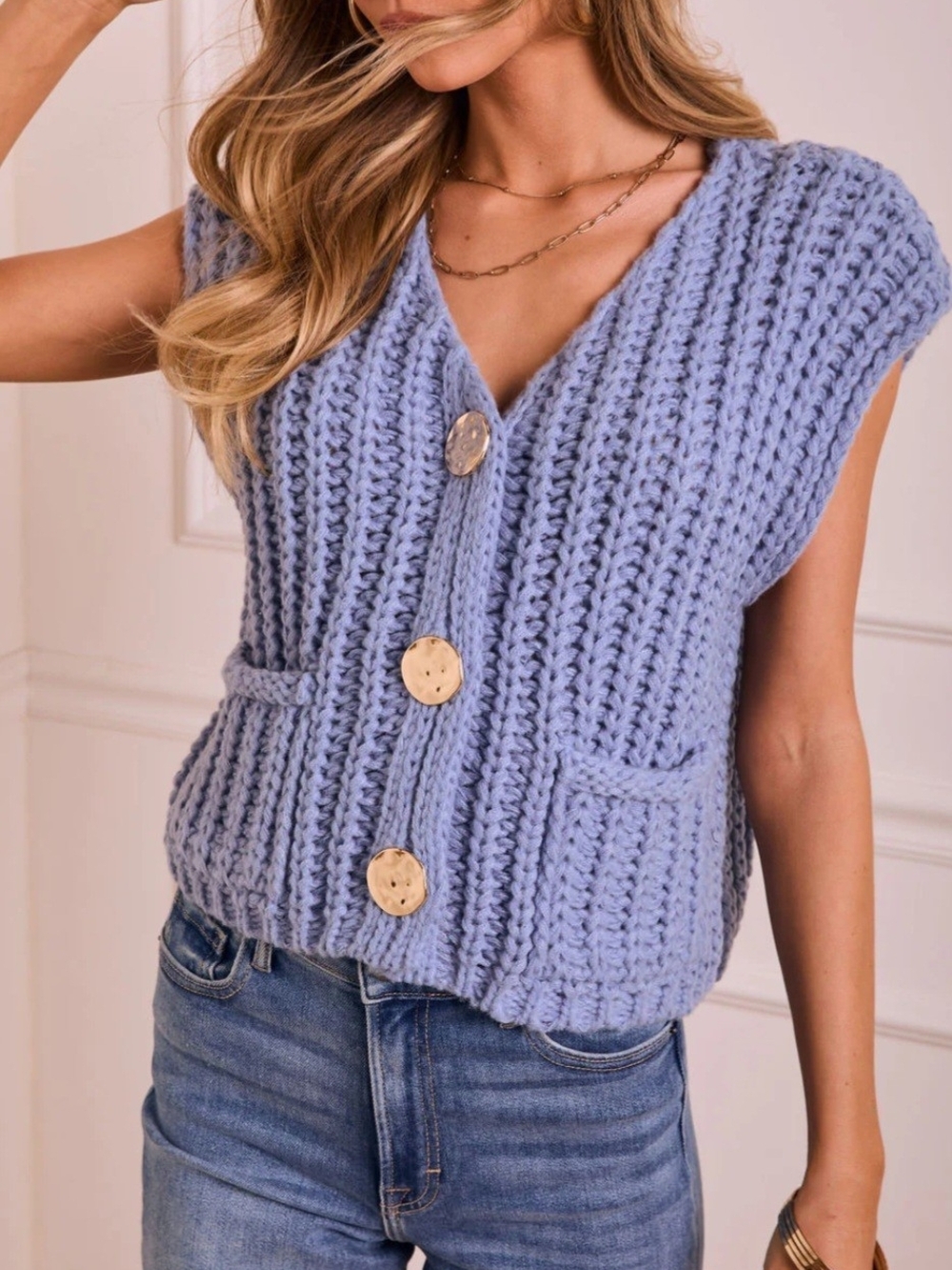 Vici Light Blue Chunky Knit V-Neck Button Vest